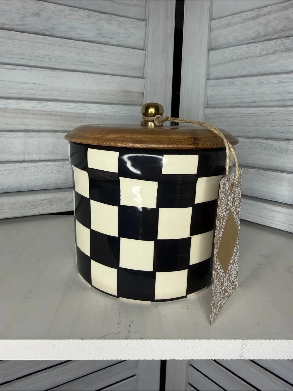 Checkerboard Ceramic Canister with Wood Lid Mackenzie Childs Inspired